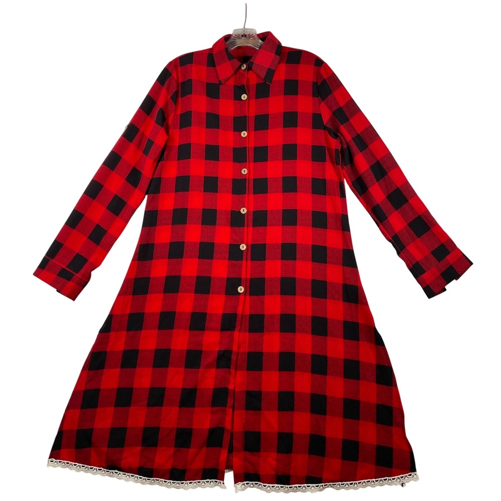 Grace & Emma Red Black Buffalo Plaid Lace Trim Button Front Shirt Dress Small
